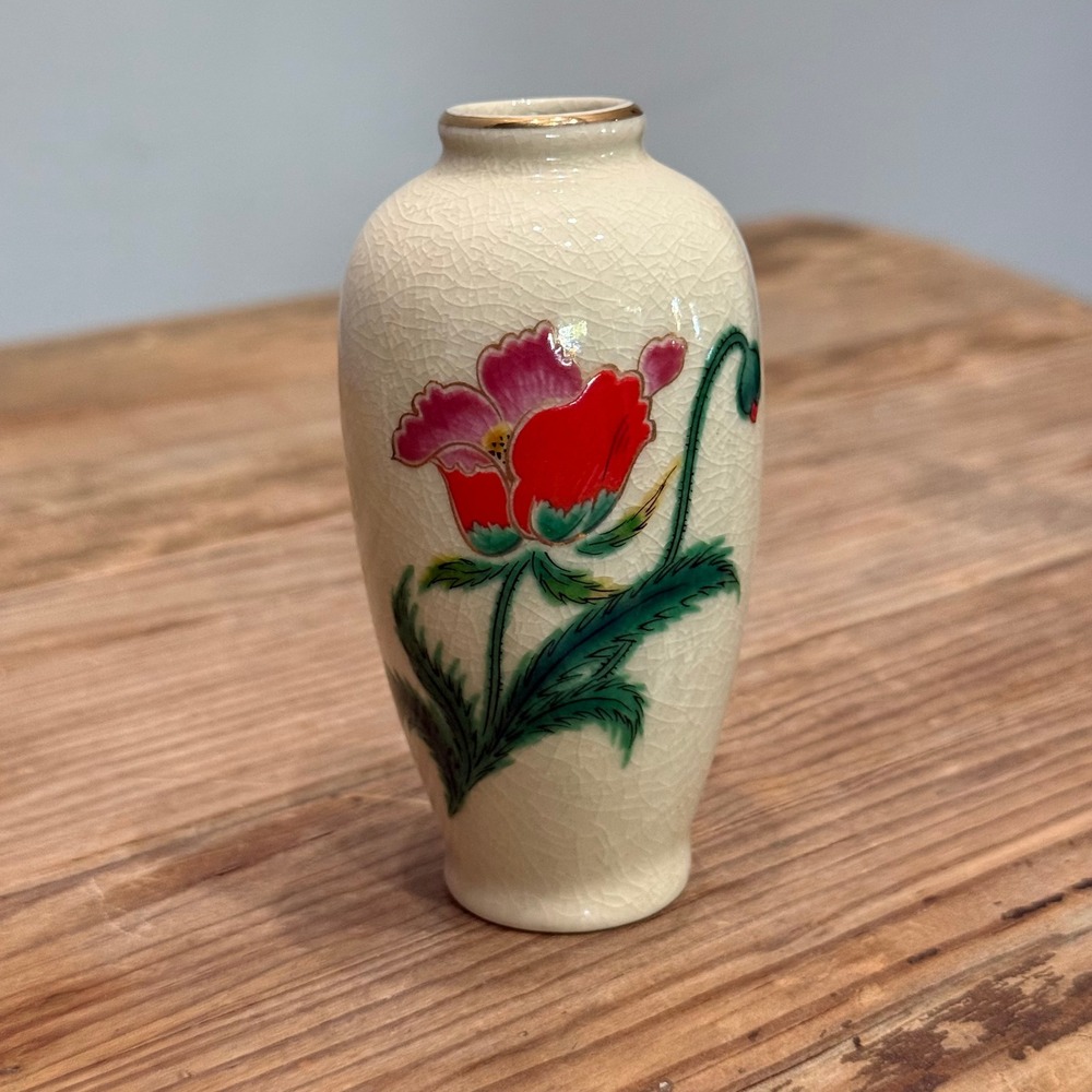 Vintage Homco Japan Crackle Glaze Bud Vase Red Pink Poppy Floral Gold Rim 4 Inch